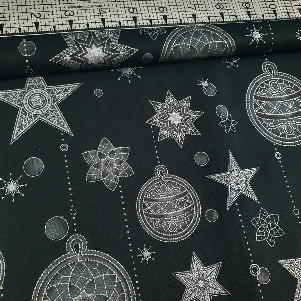 Stof - Amazing Stars Ornaments Black Metallic 100% Cotton Fabric