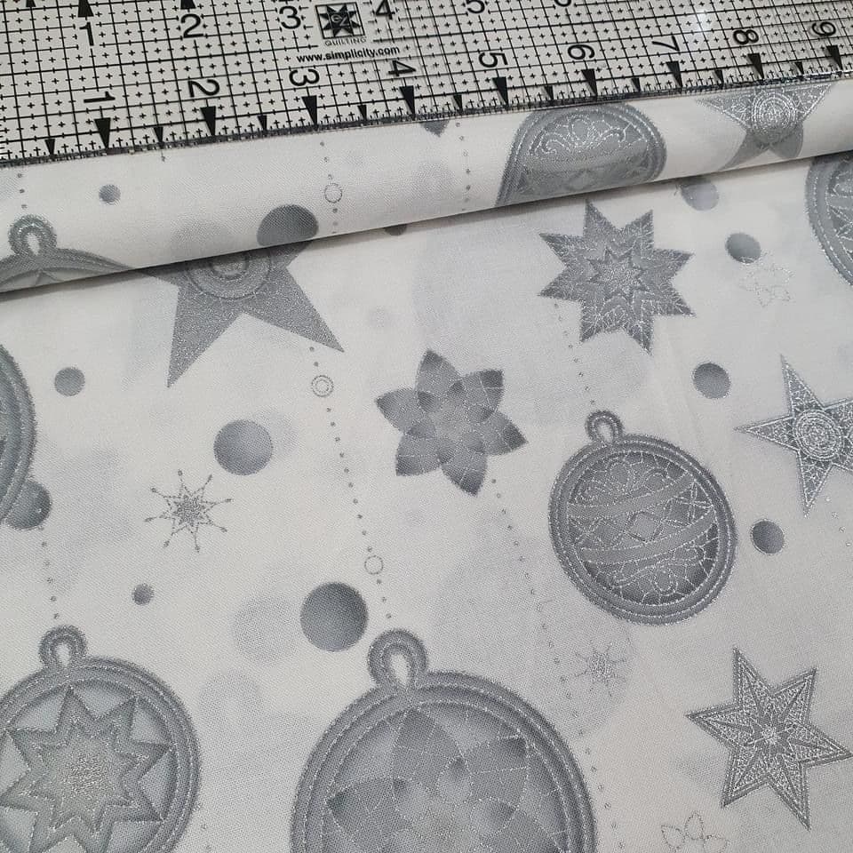 Stof - Amazing Stars Ornaments White Metallic 100% Cotton Fabric