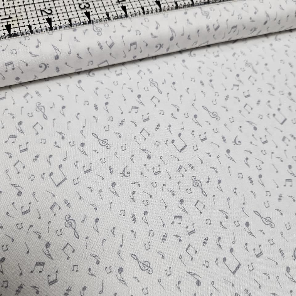 Stof - Basics Harmony White Music Notes 100% Cotton Fabric