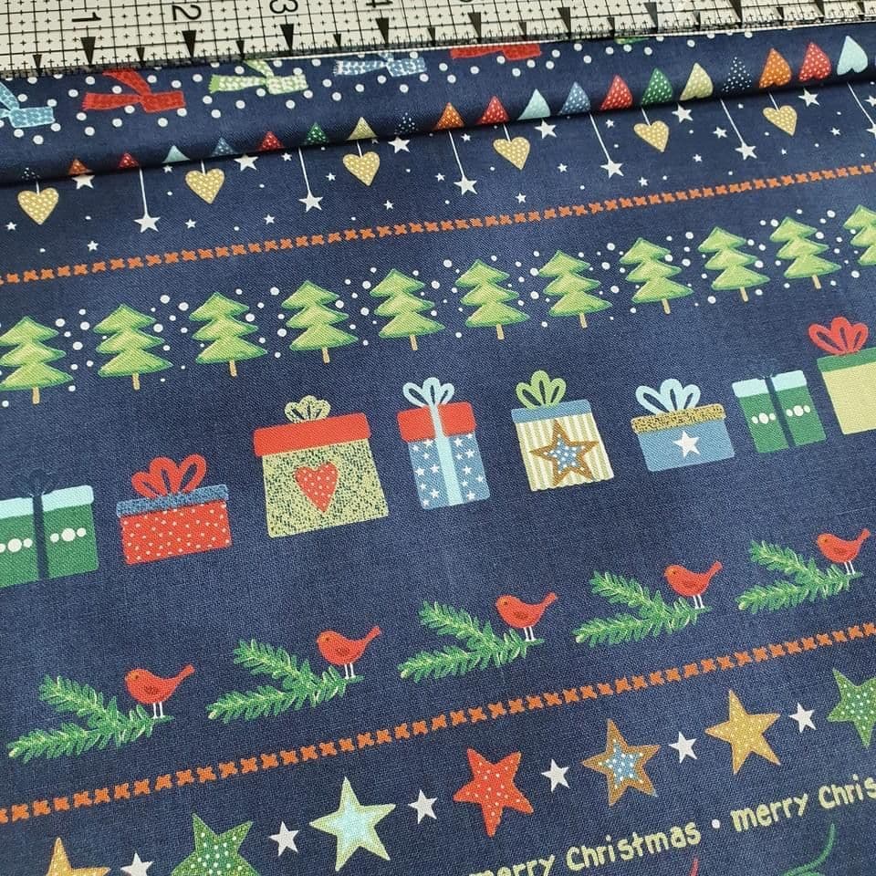 Stof - Christmas for Friends Border Blue 100% Cotton Fabric