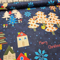 Stof - Enchanted Forest Christmas Houses Blue 100% Cotton Fabric