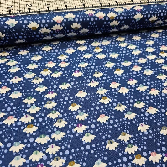 Stof - Flower and Dot Daisy Spot Navy Blue 100% Cotton Fabric