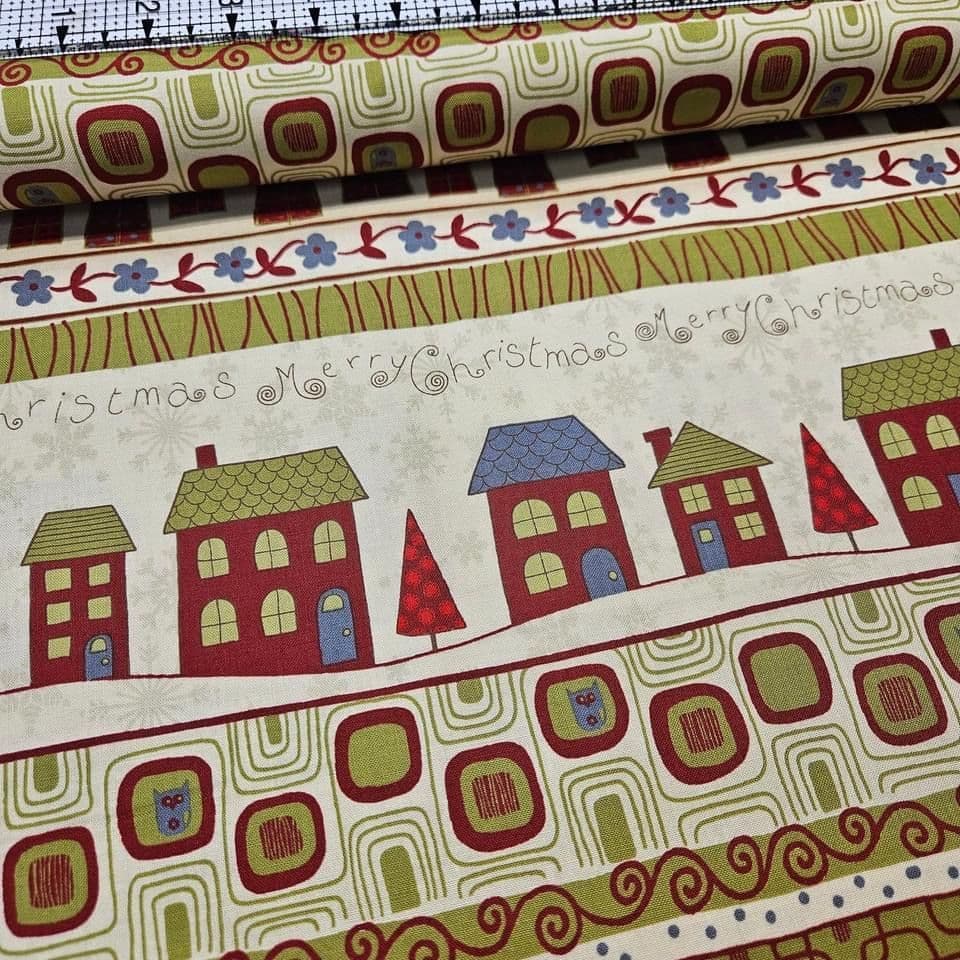 Stof - Frosty Season Style Houses Border Cream 100% Cotton Fabric