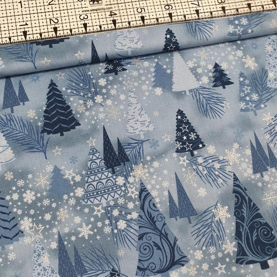 Stof - Its Snowflake Trees Blue Metallic 100% Cotton Fabric