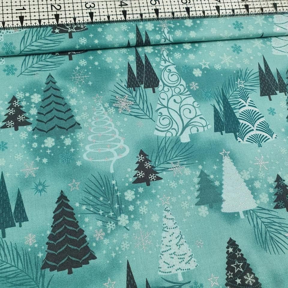 Stof - Its Snowflake Trees Teal Metallic 100% Cotton Fabric