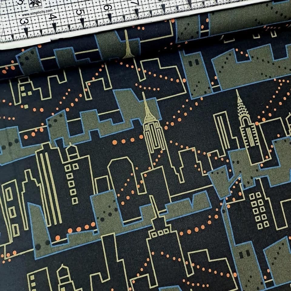 Stof - Live City NY Night Black Metallic 100% Cotton Fabric