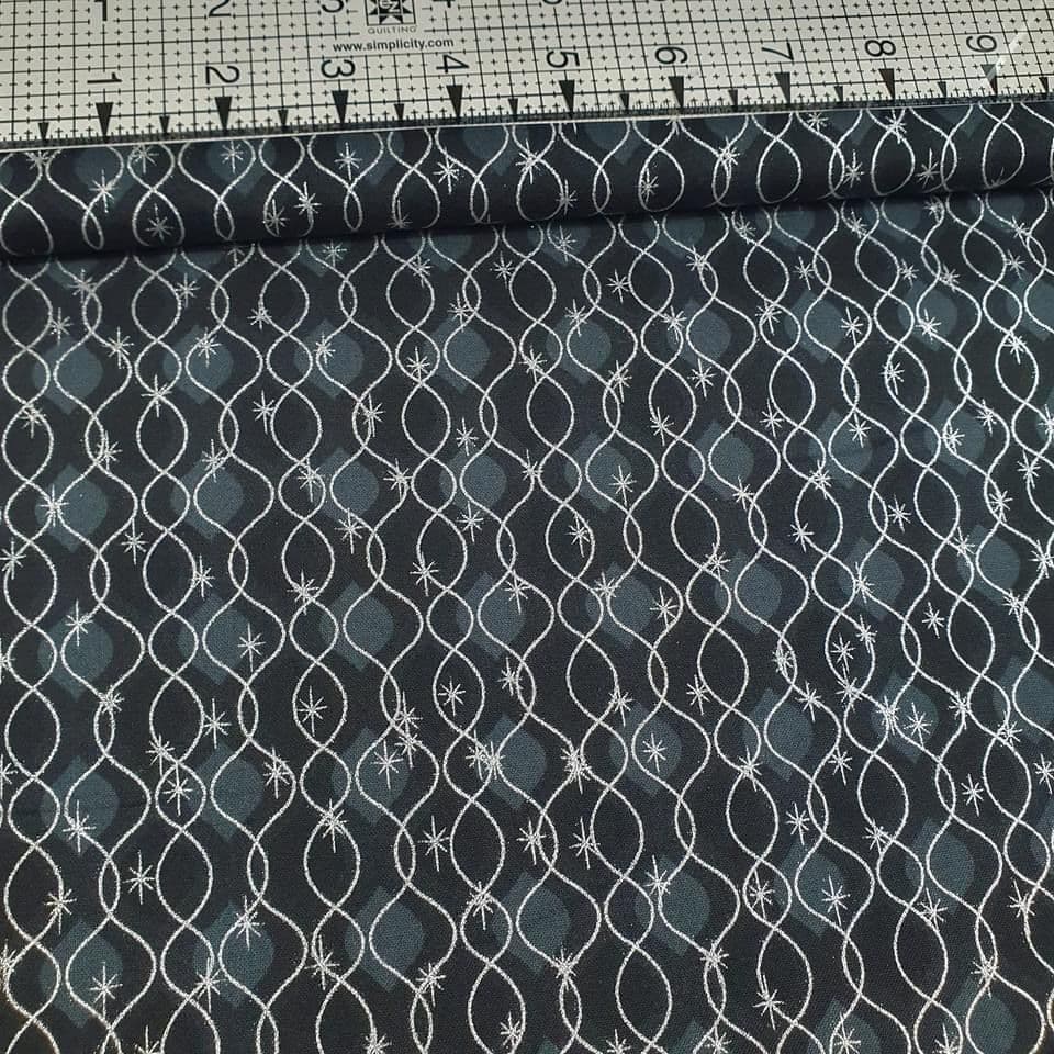 Stof - Magic Christmas Black Metallic Swirl 100% Cotton Fabric
