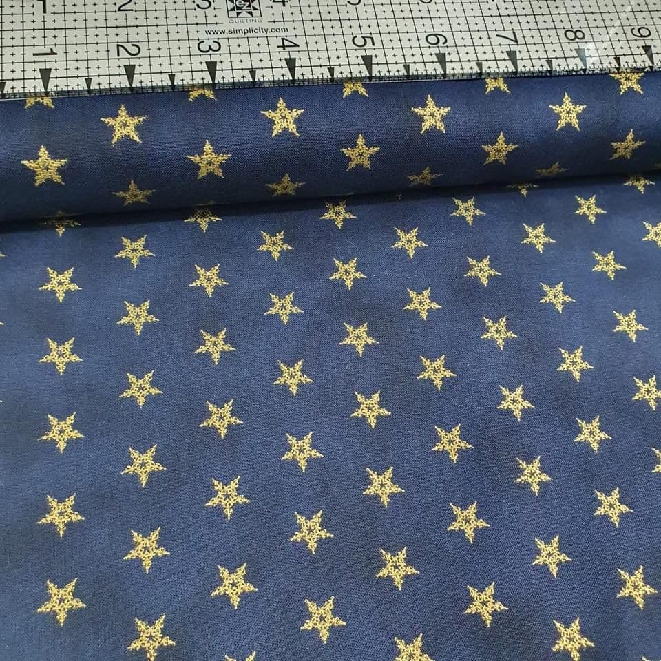Stof - Magic Christmas Gold Stars Blue Metallic 100% Cotton Fabric