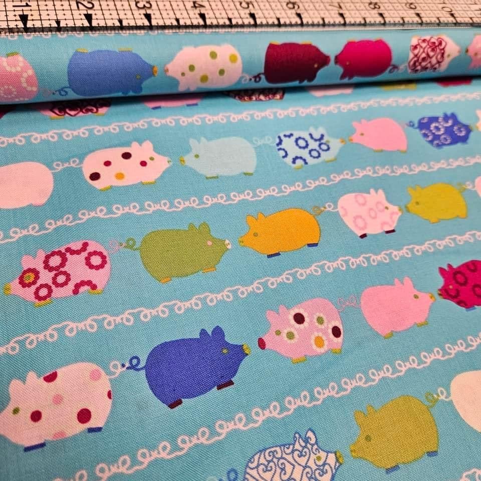 Stof - New Nordic Pigs Blue Stripe 100% Cotton Fabric