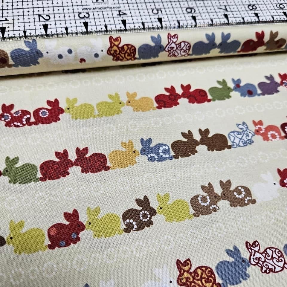 Stof - New Nordic Rabbits Bunnies Neutral Stripe 100% Cotton Fabric