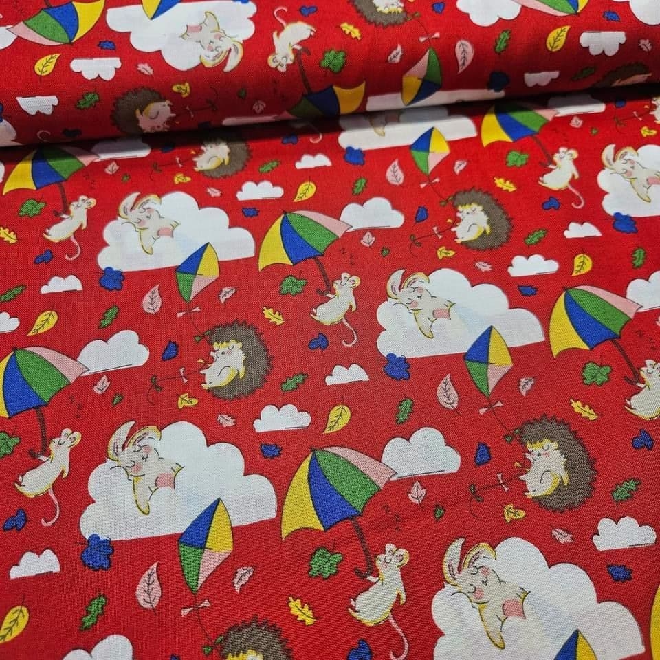 Stof - Off to Dreamland Hedgehog Umbrella Red 100% Cotton Fabric