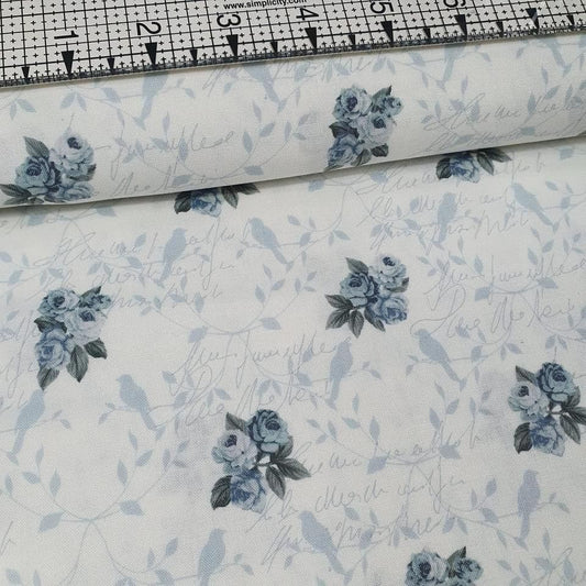 Stof - Rosies Journey Blue Roses and Birds 100% Cotton Fabric