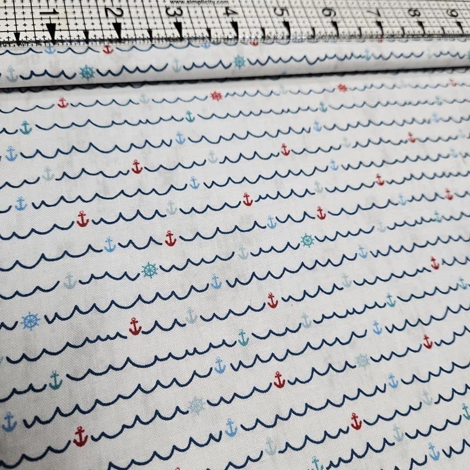 Stof - Seaside Anchors Waves Grey 100% Cotton Fabric