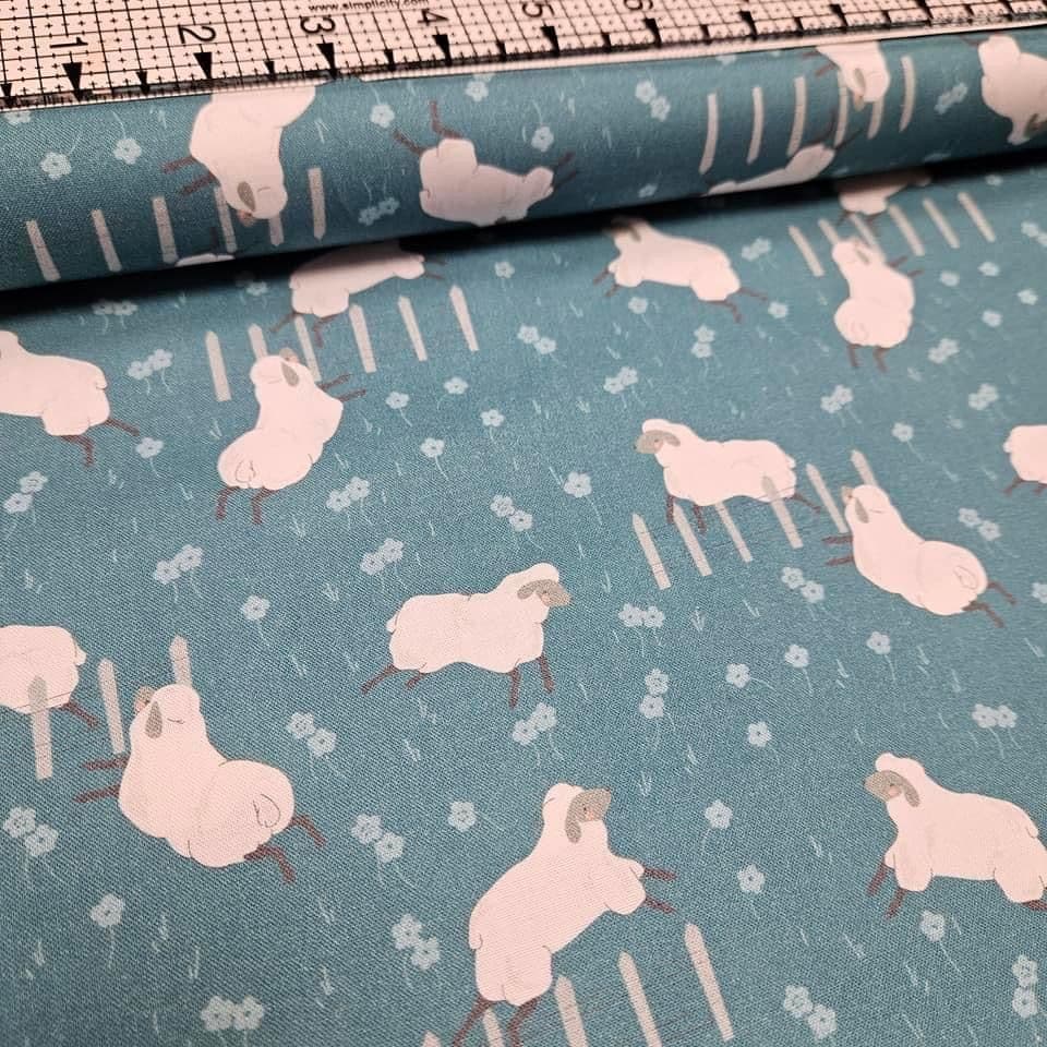 Stof - Sheepy Friends Sheep Blue 100% Cotton Fabric