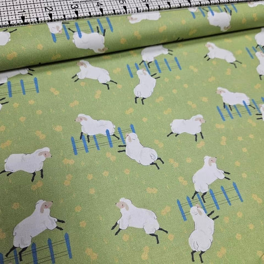 Stof - Sheepy Friends Sheep Green 100% Cotton Fabric