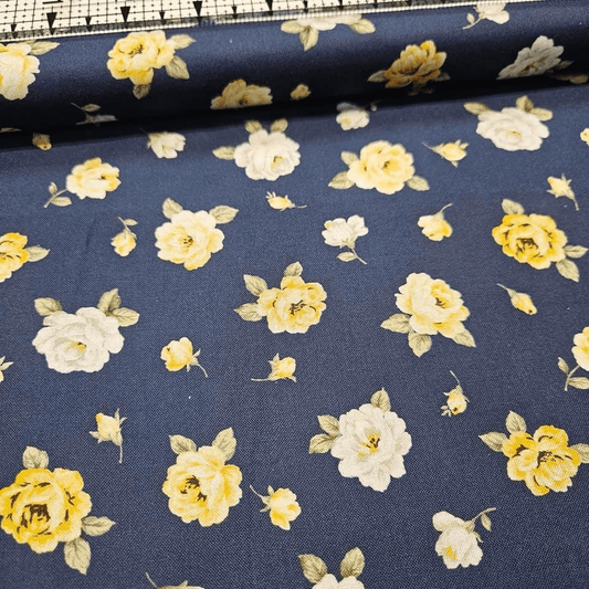 Stof - Sofia Rose Lemon Roses on Blue 100% Cotton Fabric