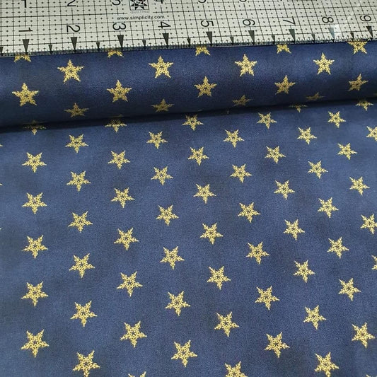 Stof - Sparkle Snowflake Star Blue Metallic 100% Cotton Fabric