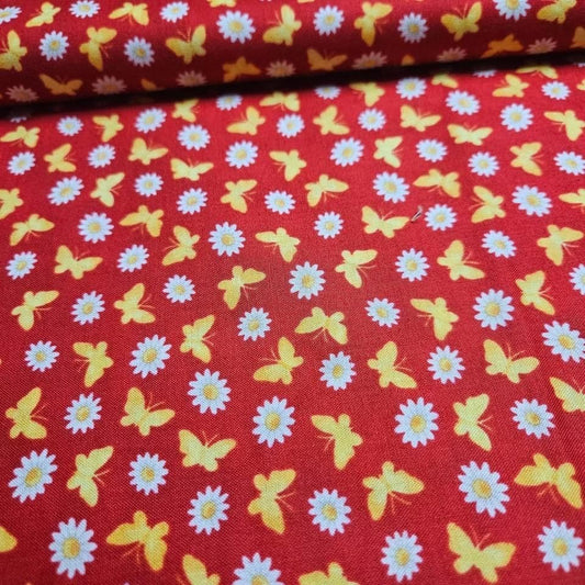 Stof - Thomson Bears Butterfly Daisy Red 100% Cotton Fabric