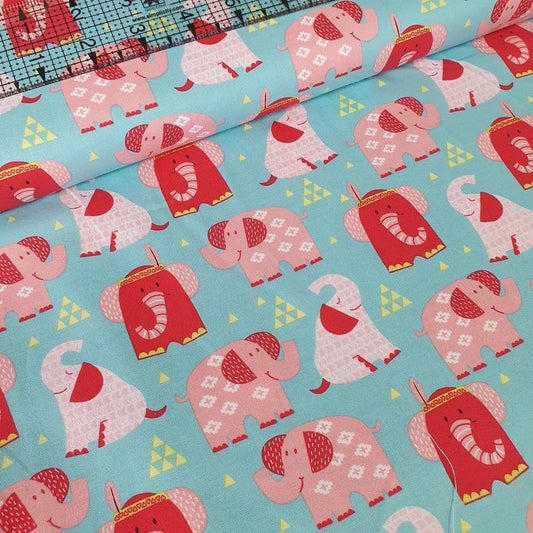 Studio E - Boho Baby Elephants Aqua 100% Cotton Fabric