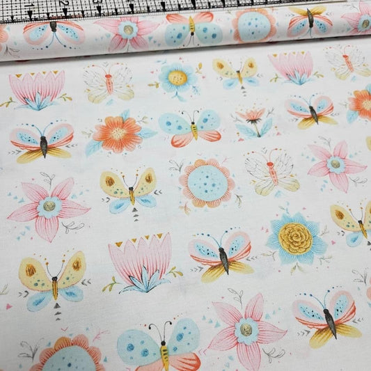 Studio E - Dream Catchers Butterflies and Flowers White 100% Cotton Fabric