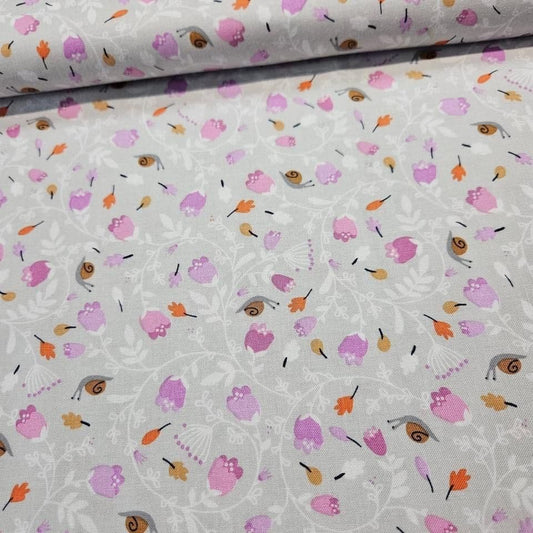 Studio E - Gentle Forest Snails and Flowers Grey 100% Cotton Fabric
