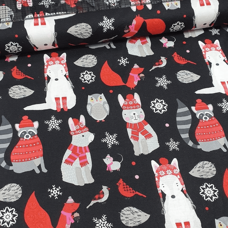 Studio E - Snow Delightful Woodland Animals Black 100% Cotton Fabric