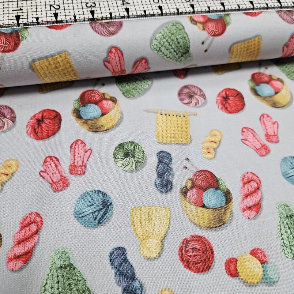 Windham Fabrics - Knit n Purl Knitting Accessories Grey 51616-1 100% Cotton Fabric