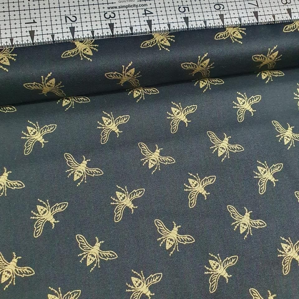 Windham Fabrics - Precious Metal Gold Bees on Black 100% Cotton Fabric