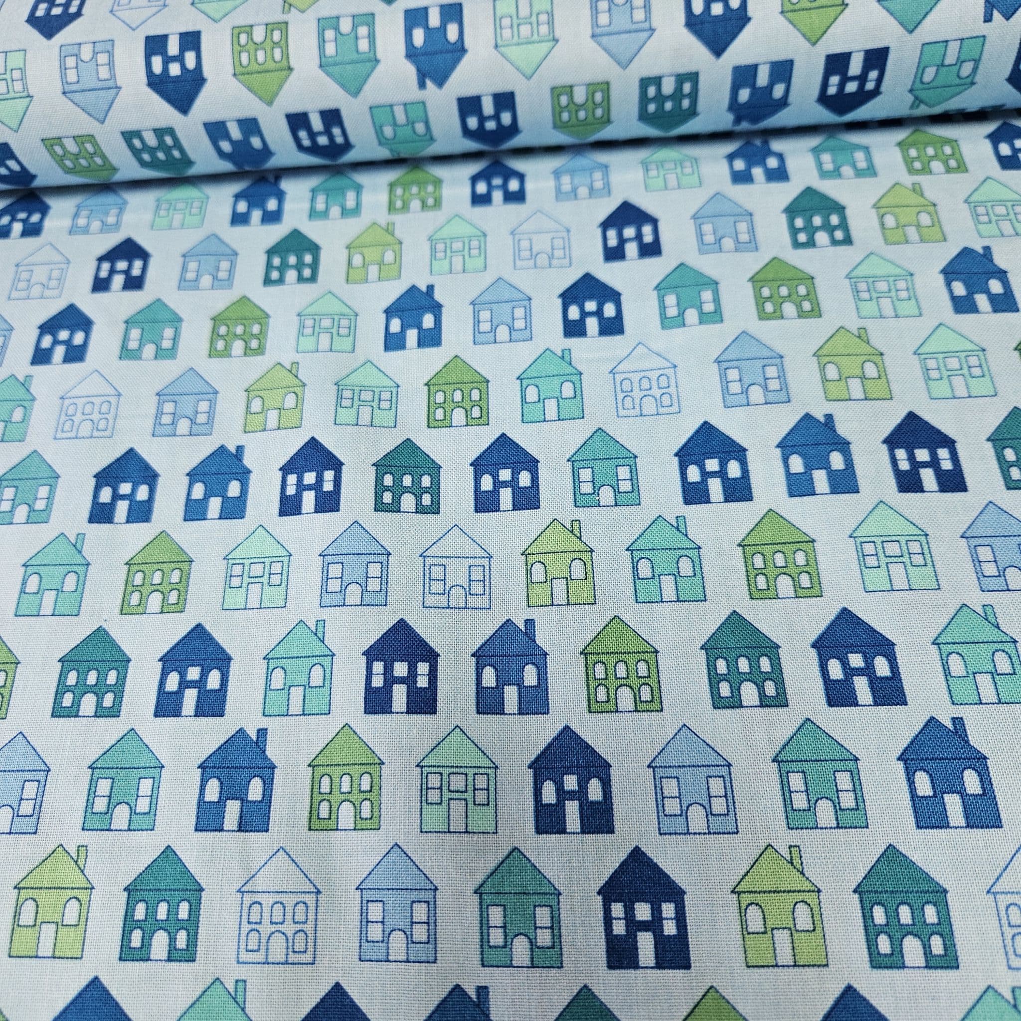Stof - Basic Perfect Blue Houses 100% Cotton Fabric
